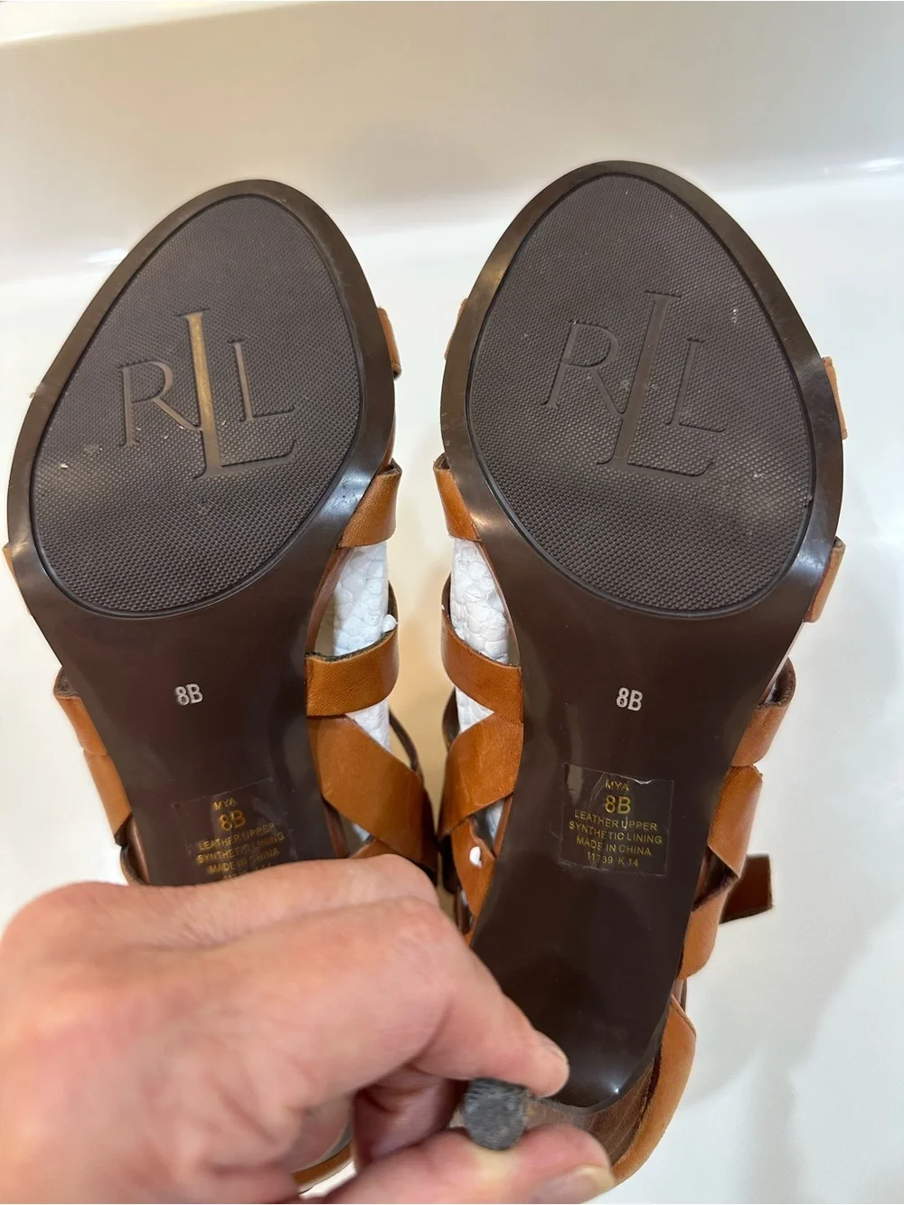 Lauren Ralph Mya Strappy Cage Leather Heeled Sandals Tan/Brown - 8B 3.5”L Heel - Picture 12 of 13